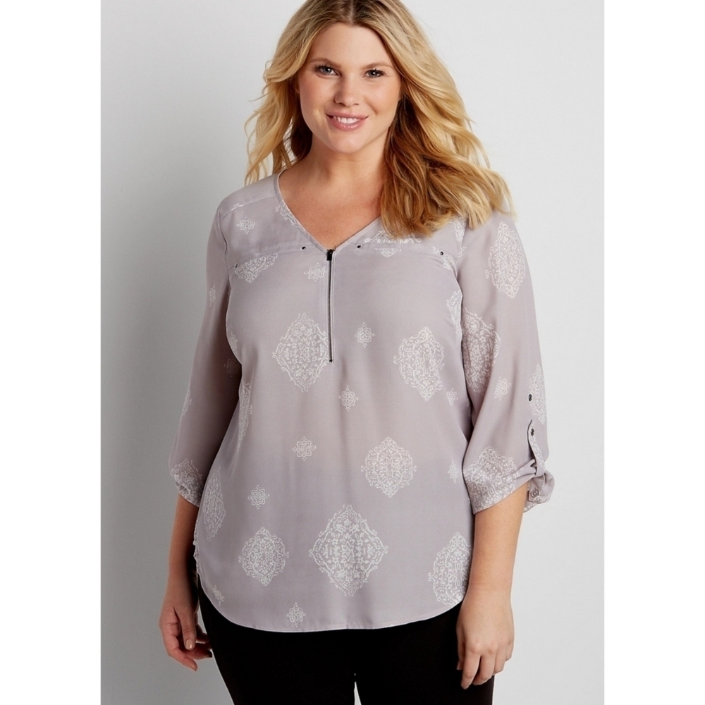 Maurices Gray Semi Sheer Rolled Up Sleeves 1/4 Zip Top